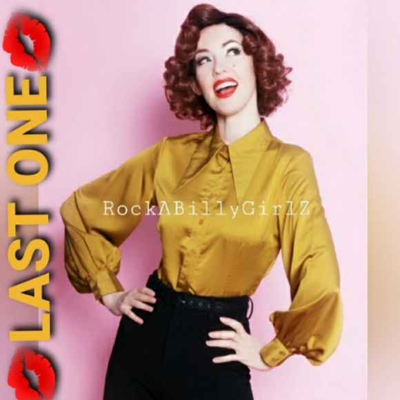 Tatyana 1940's Willow Chartreuse Satin Blouse Pinup Bishop Sleeves Arrow Collar - Picture 1 of 12